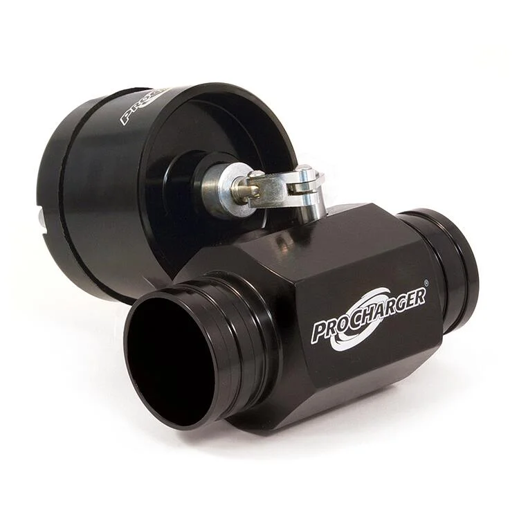 proflow-bypass-valve-av008a-001 | SLKC Racing Black ProCharger automotive supercharger inlet elbow with mounting flange and visible logo on a white background